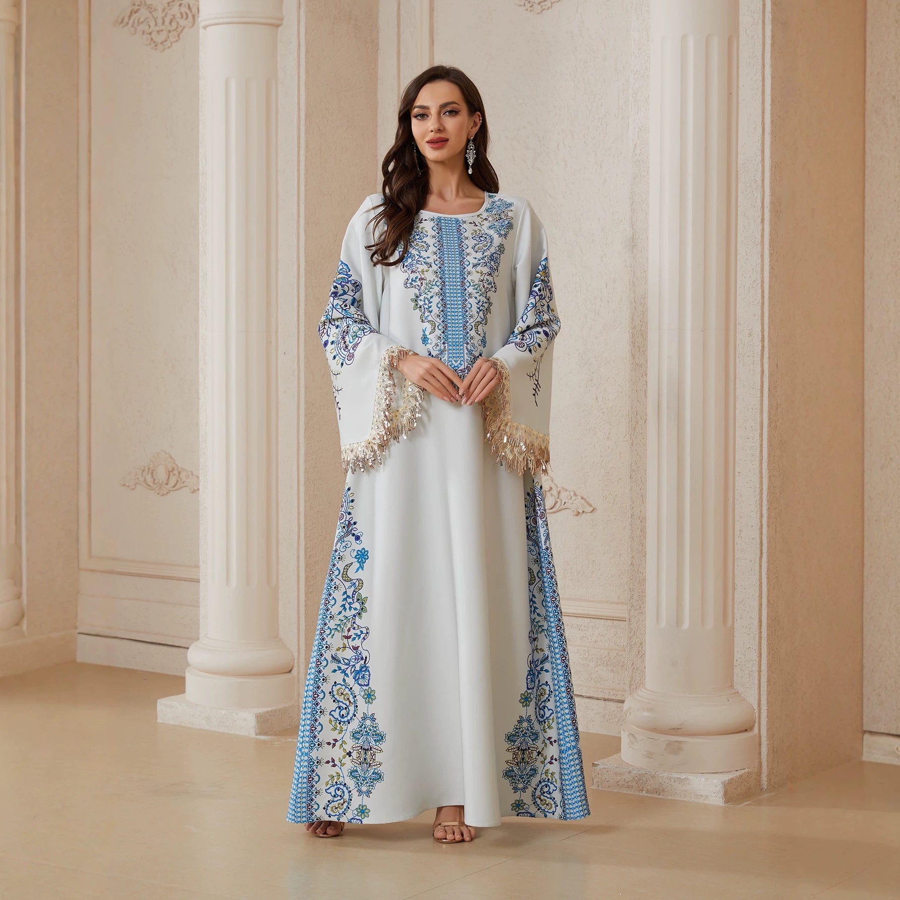 Women Stand Collar V Notch All-Around Floral Print Abaya Gold Sequin Fringe Wide Flare Sleeve Maxi Jalabiya Pastel Mint Silky Modest Gown For Eid Mubarak Ramadan Wedding Evening Party