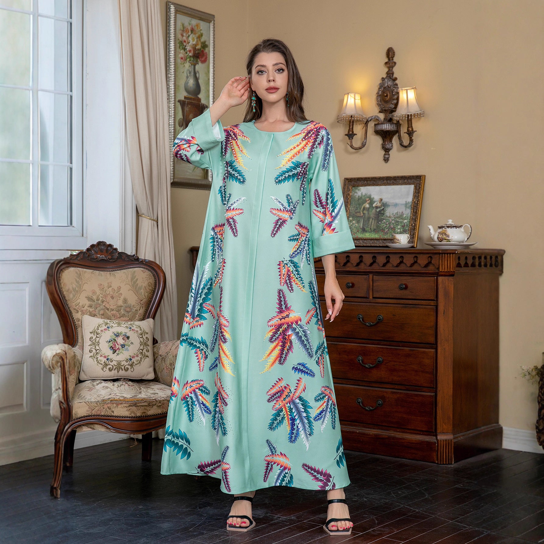 Light Green Ethnic Print Beaded Abaya Gown - Modest Dress