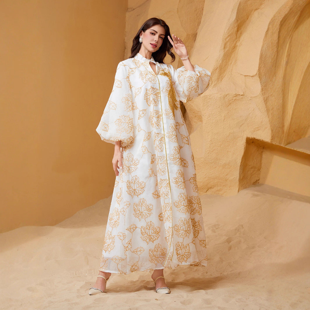 Luxury All Over Gold Print Middle East Kaftan Two Colors Stand Collar Lantern Sleeve Modest Ramadan Maxi Dress