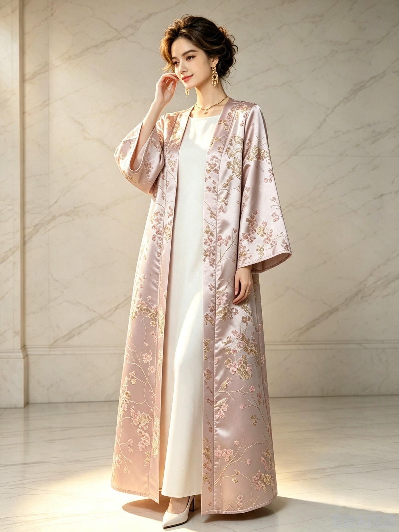 Pink Satin Gold Thread Embroidered Open Cardigan Maxi Abaya Dress Jalabiya Modest Long Dress for Eid Ramadan Festive Celebration S-XXL