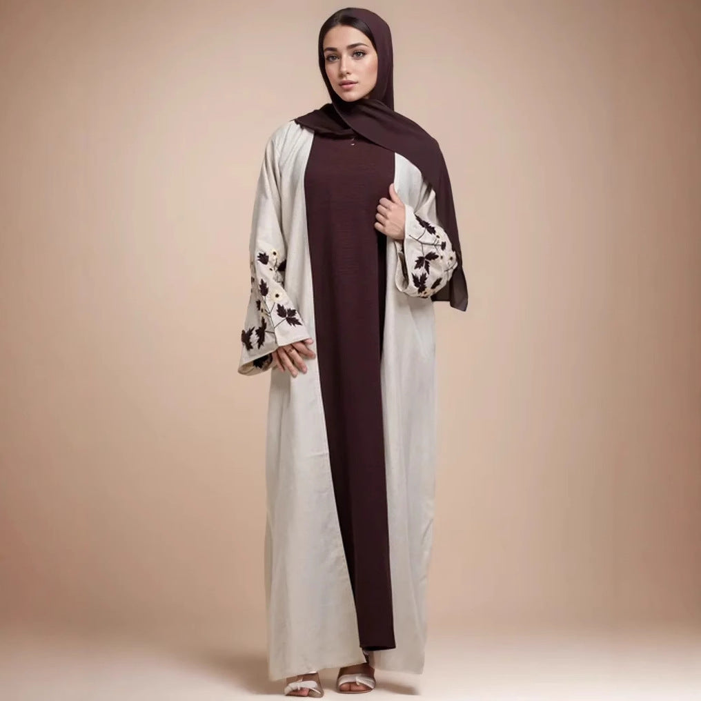 Light Beige Embroidered Sleeve Open Front Cardigan Abaya Soft Breathable Fabric Modest Maxi Robe for Muslim Women Everyday