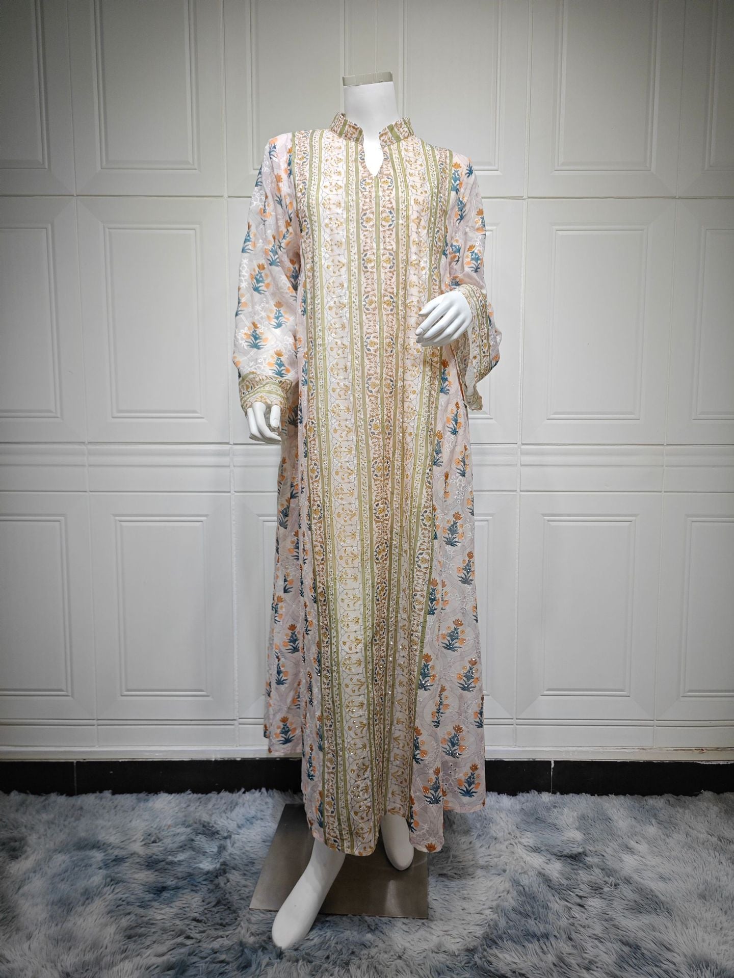 Women Stand Collar V Neck Floral Striped Abaya 3 Colors Vintage Botanical Print Loose Wide Sleeve Maxi Kaftan Lightweight Daily Modest Dress For Ramadan Casual Party