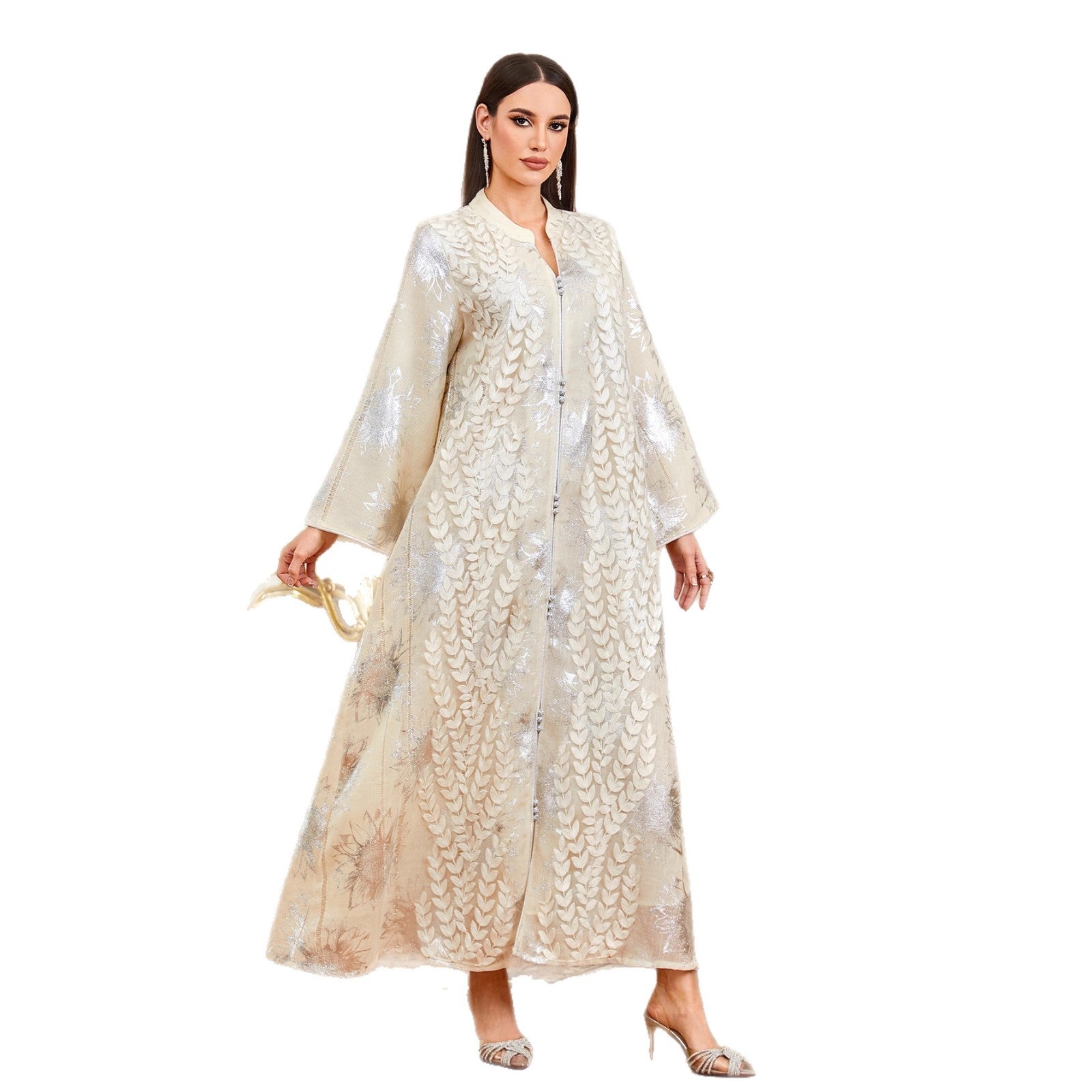 Luxury Embroidered Leaf Applique Mesh Gown Jalabiya Modest Long Maxi Evening Dress for Muslim Women Eid Ramadan S-XXL