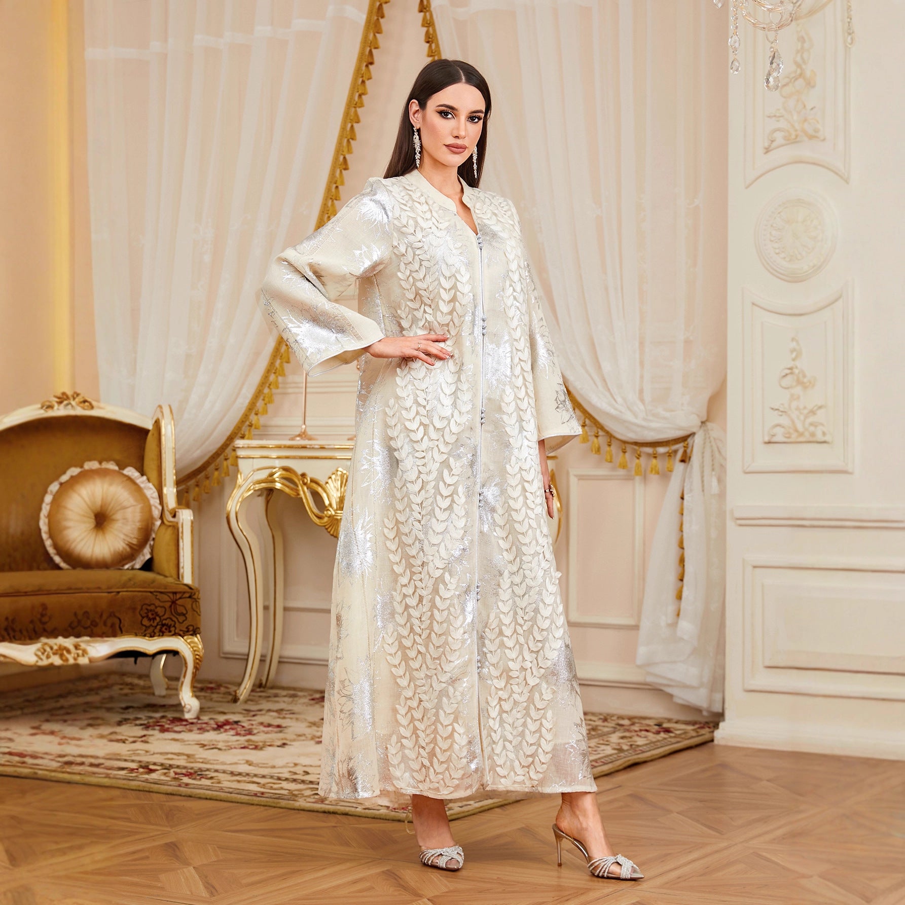 Luxury Embroidered Leaf Applique Mesh Gown Jalabiya Modest Long Maxi Evening Dress for Muslim Women Eid Ramadan S-XXL