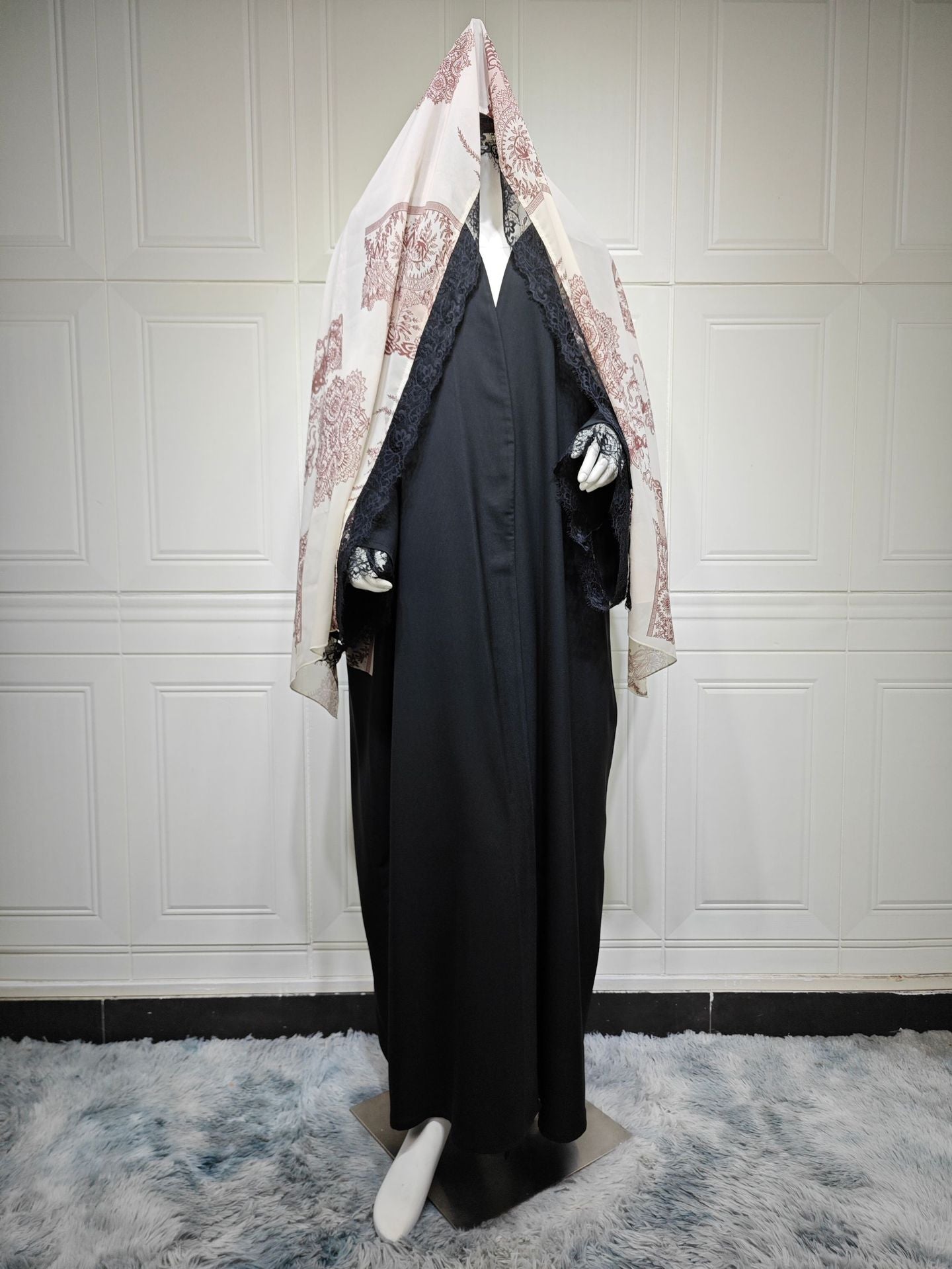 Black Floral Lace Patchwork Ice Silk Crinkle Maxi Cardigan Cape - One Size