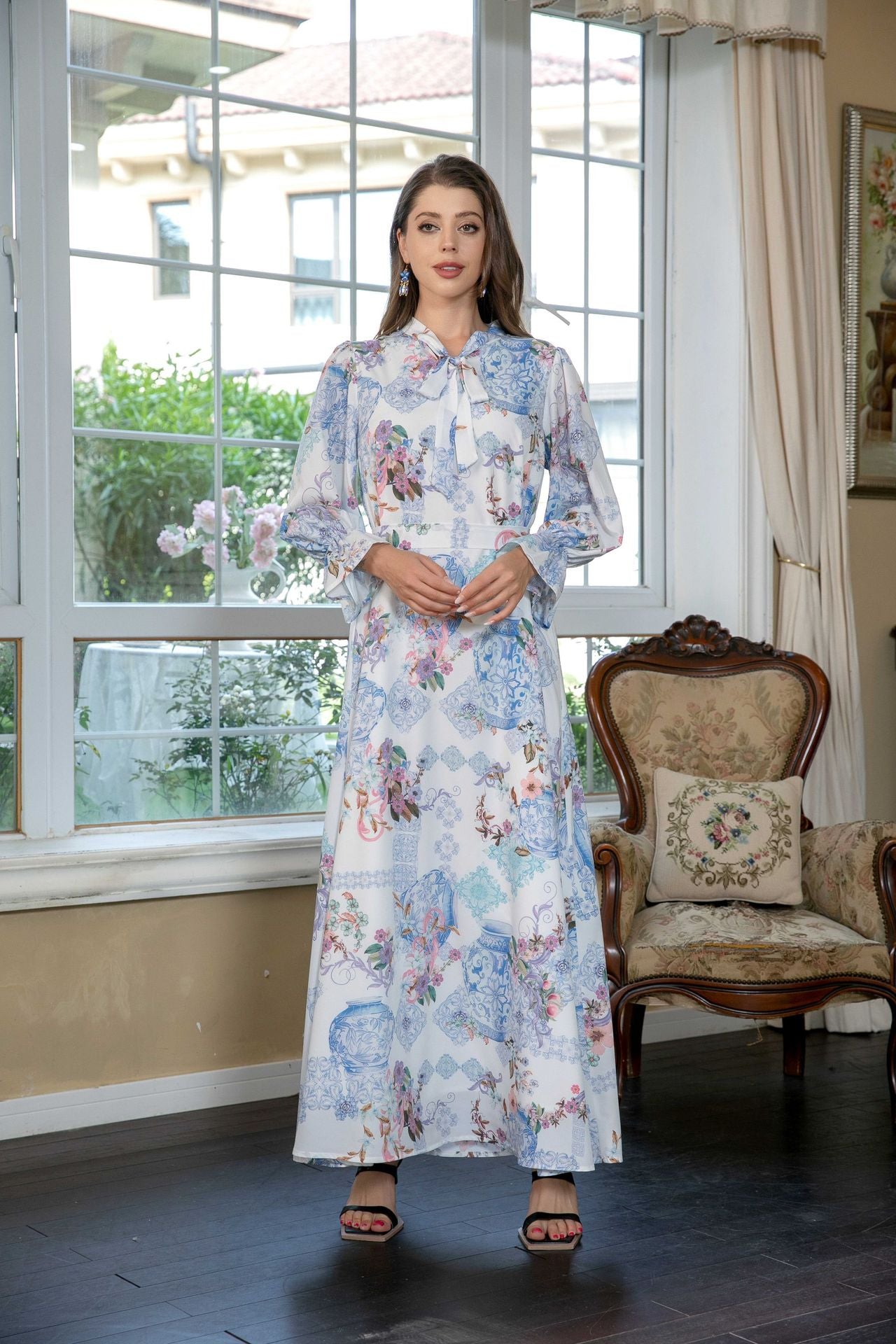 Sky Blue Slim Fit Abaya - Printed Modest Long Dress for Women