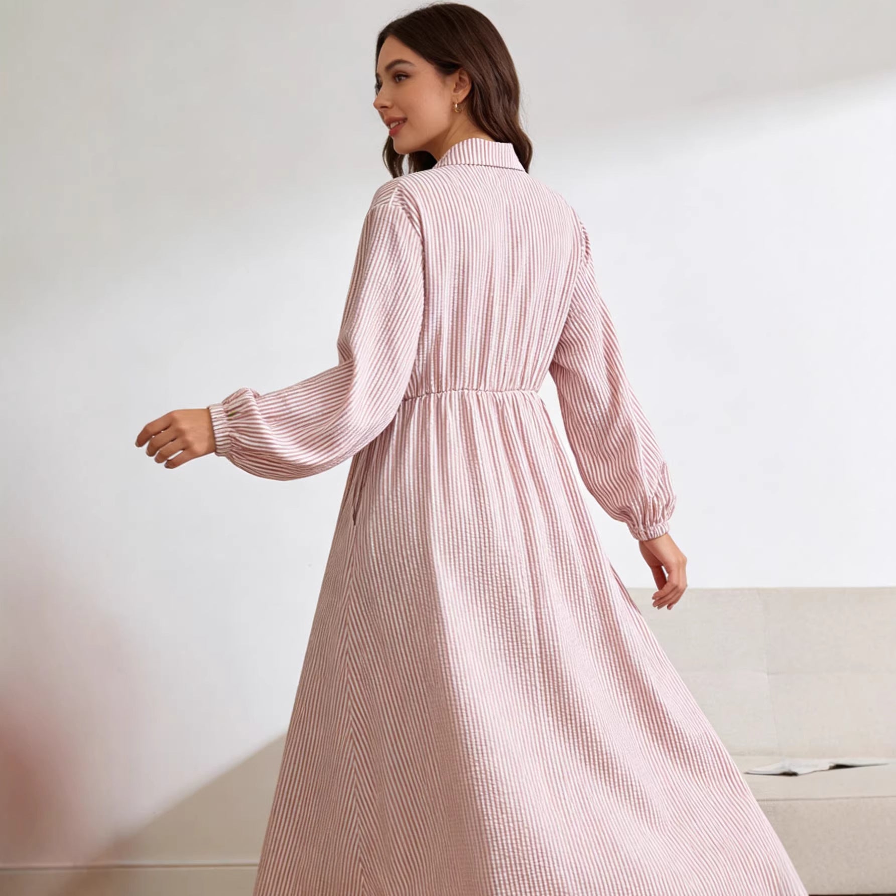Striped Belted Button-Down Shirt Collar Faux Two-Piece Modest Maxi Dress Muslim Women Abaya Jalabiya Kaftan for Eid