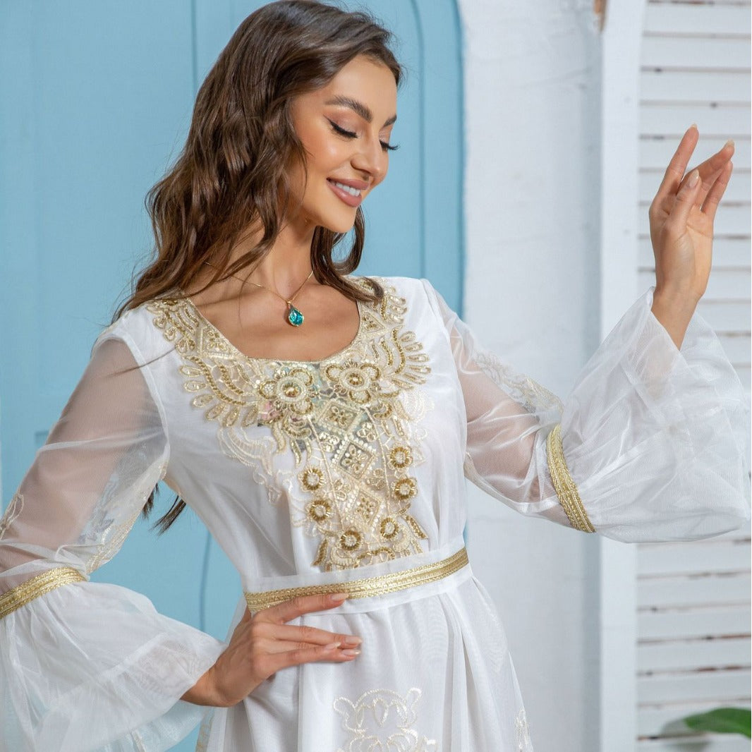 Radiant White Embroidered Abaya – Modest Evening Maxi Robe