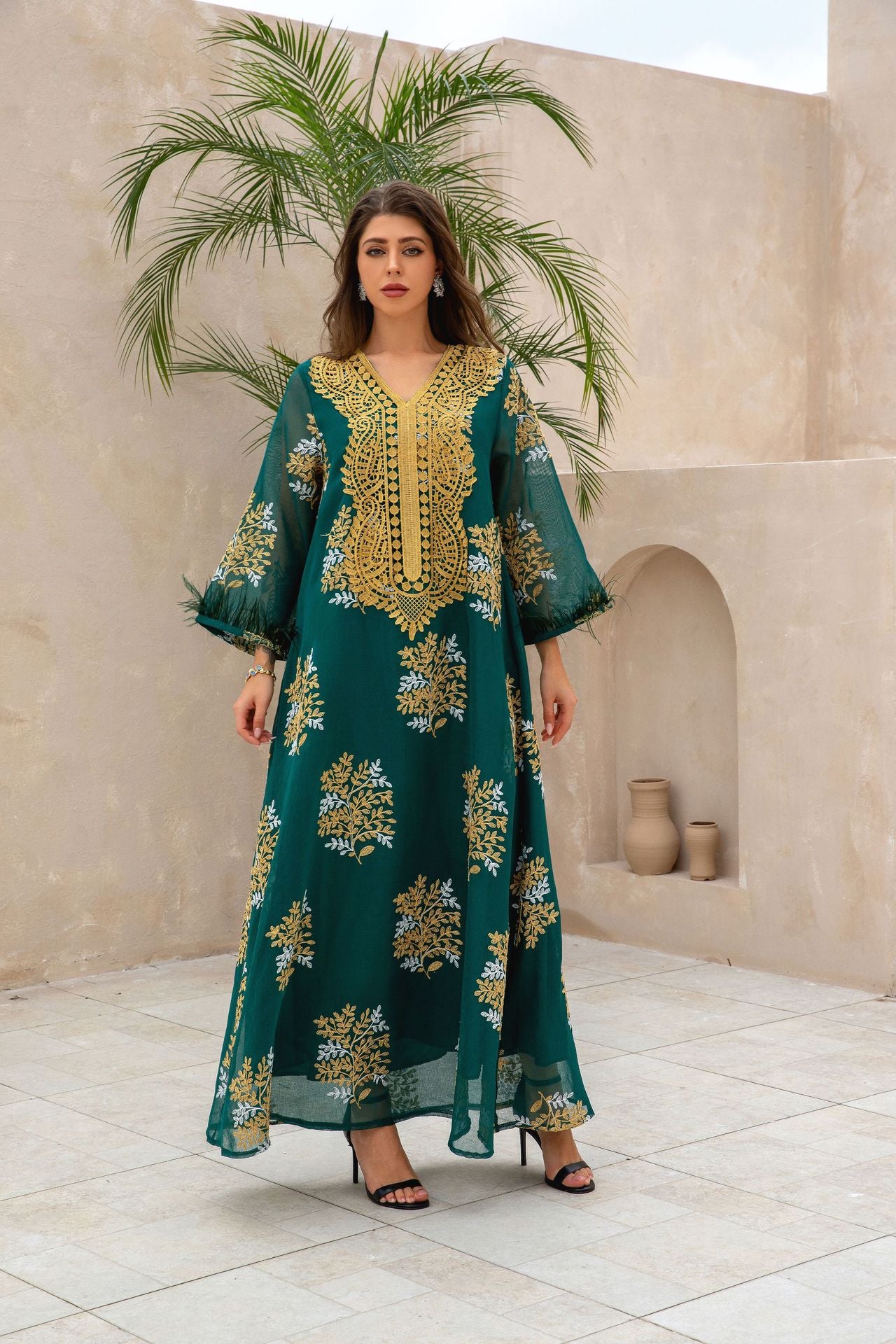 Luxury Dubai Wedding Abaya Turquoise Premium Arabian Craft Sheer Modest Gown Light Airflow Semi-Sheer Textile All Over Delicate Pale Gold Thread Embroidery Classic V-Neckline Loose Full-Length Silhouette Voluminous Bell Sleeves Pan-Arab Ladies Eid At