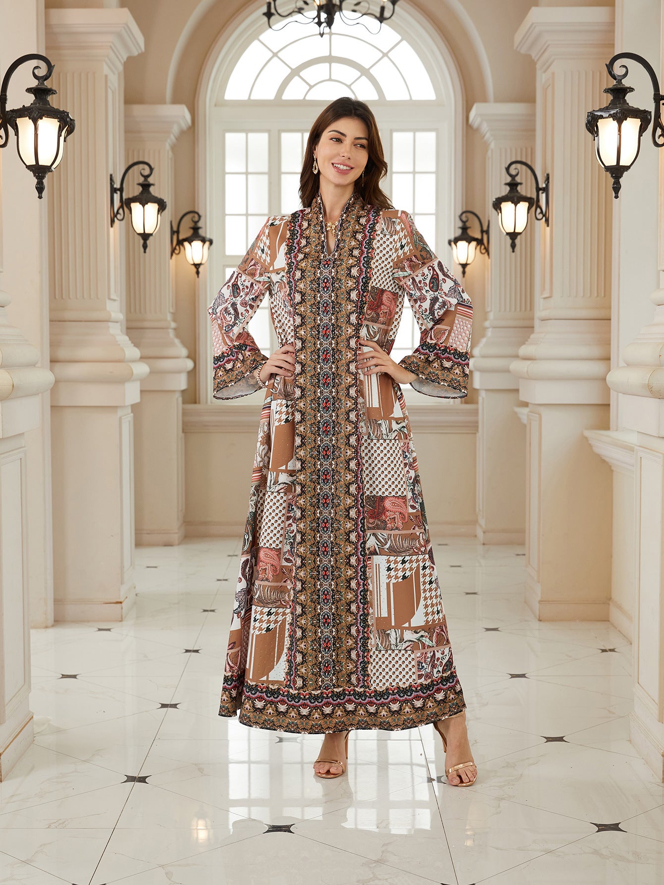 Charming Floral Jalabiya – Rhinestone Embroidered Muslim Maxi Dress