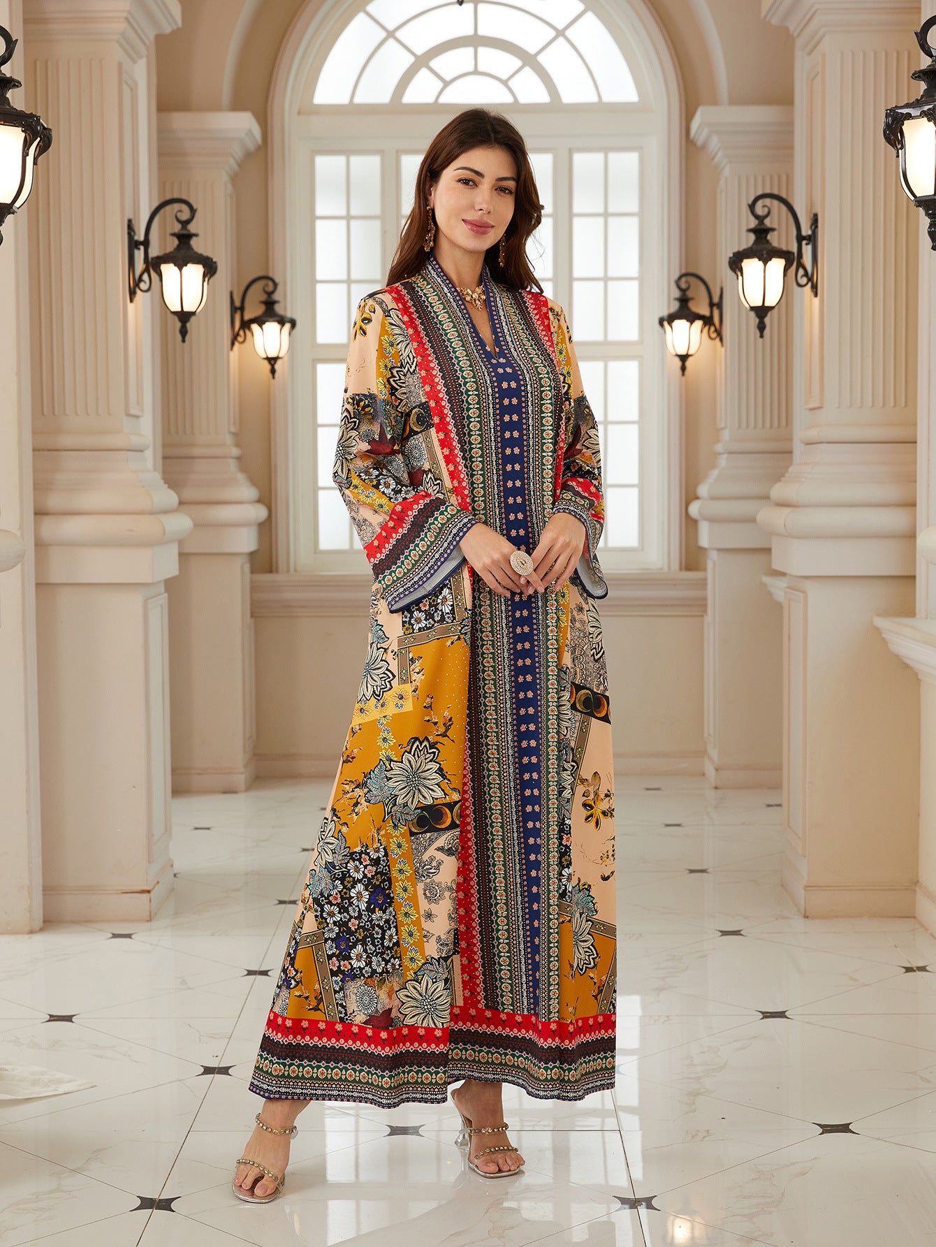Charming Floral Jalabiya – V-Neck Long-Sleeve Modest Dress