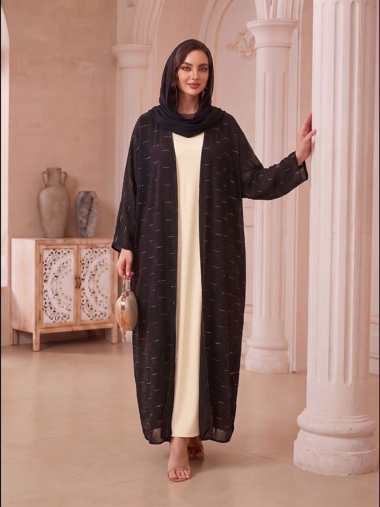 Apricot Black V-Neck Beaded Open Abaya with Hijab Set