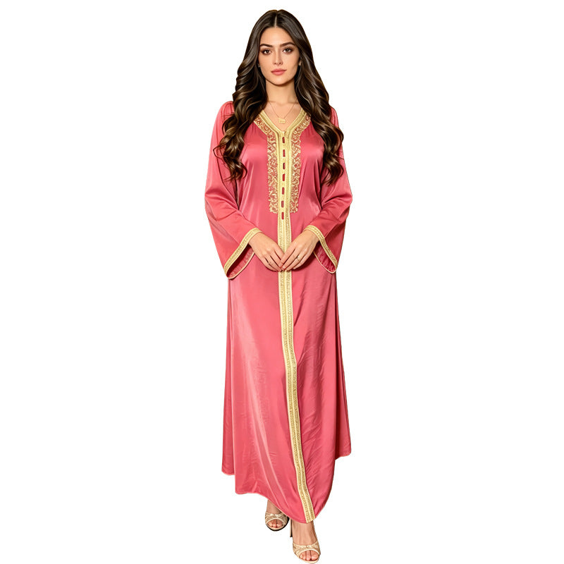 Moroccan Velvet Rhinestone Patchwork Ribbon Trim Plus Size Modest Maxi Dress