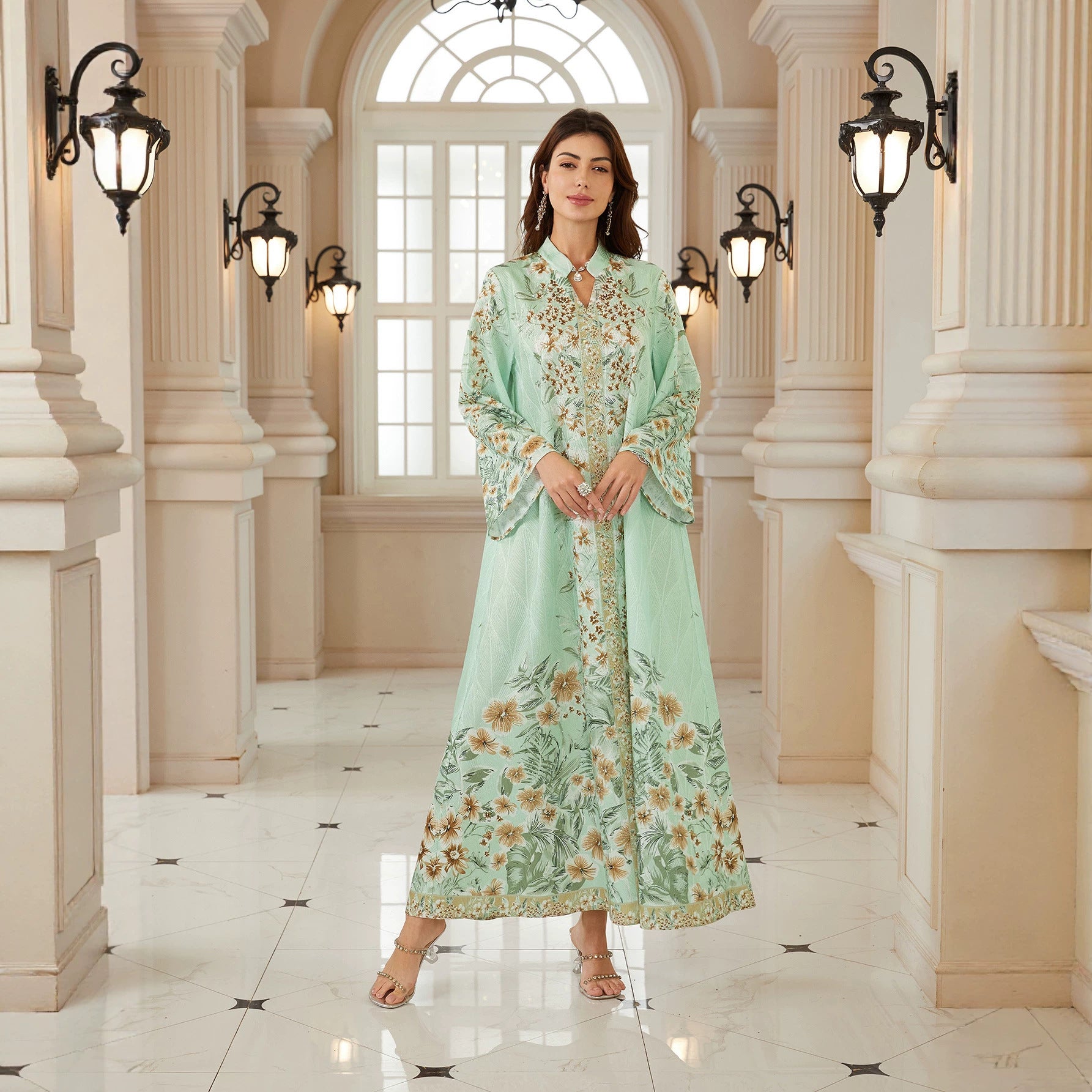 Mint Green Floral Leaf Print Stand Collar Abaya Shiny Rhinestone Embellished V Neck Loose Flare Sleeve Modest Muslim Women Full Length Kaftan For Ramadan Wedding
