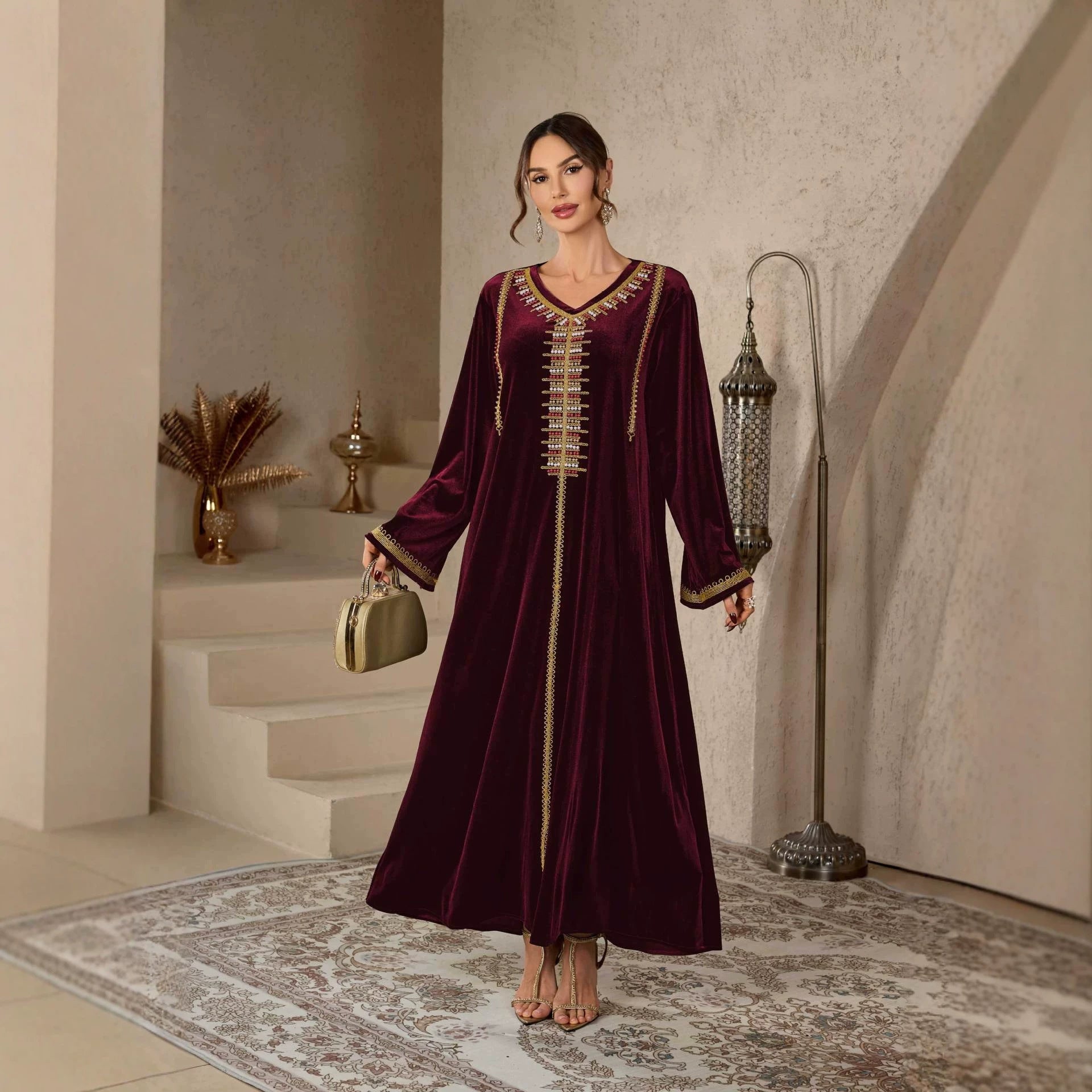 V-Neck Floral Embroidered Kaftan Dress Jalabiya Modest Long Maxi Dress for Muslim Women Eid Ramadan Formal Party S-XXL