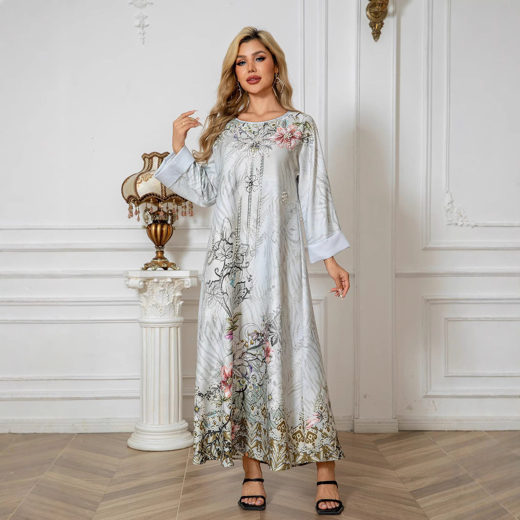 Light Grey Printed Beaded Abaya - Rhinestone Modest Maxi Dress