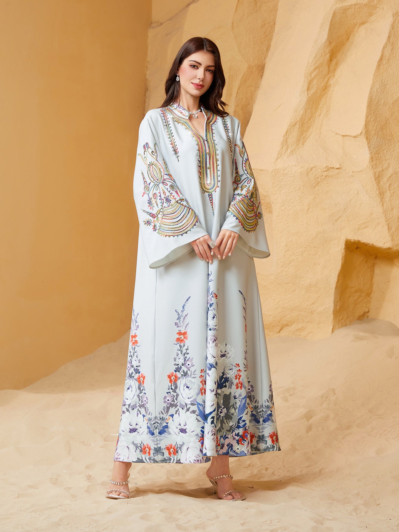 Deep Navy Solid Plain Premium Arabian Craft Open Front Modest Outer Tunic Rich Airflow Light Single Layer Chiffon Textile Zero Embroidery Minimalist Clean Plain Fabric Shallow V Notch Open Neckline Full Front Thin Metallic Trim Without Decor Buttons