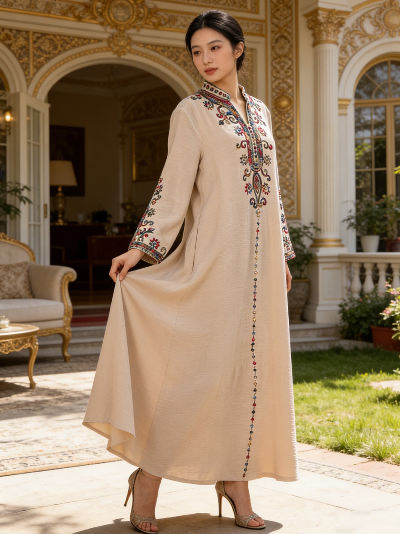 Stand Collar Heavy Embroidered Modest Abaya Jalabiya Long Maxi Dress for Muslim Women Ramadan Prayer Casual Wear S-XXL