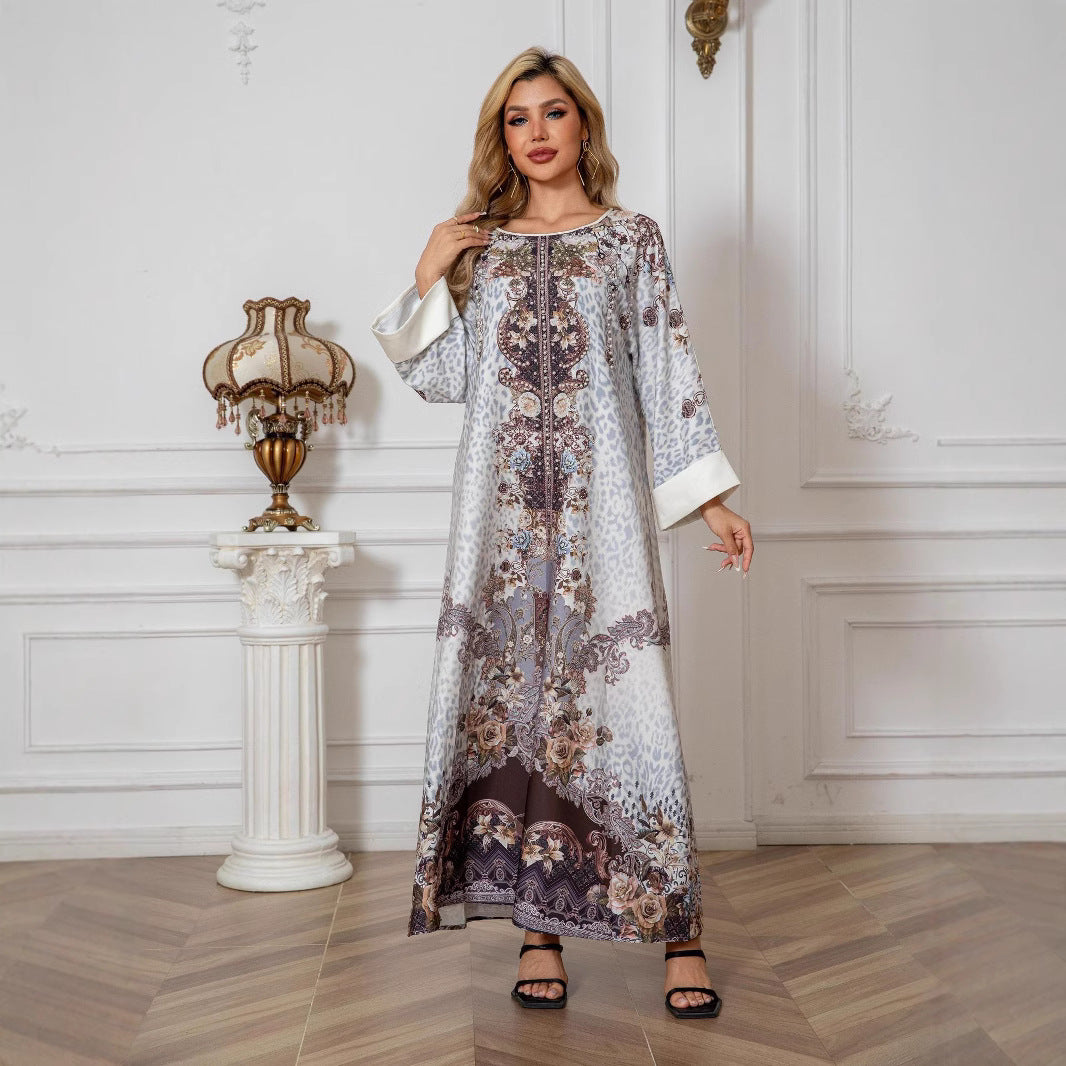 Grey Floral Print Mandarin Collar Rhinestone Plus Size Maxi Abaya Dress