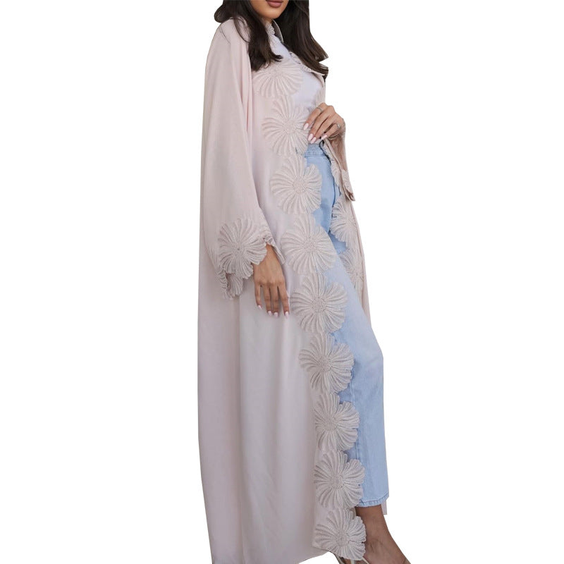 Pink Floral Applique Embellished Open Long Maxi Abaya Dress - Plus Size