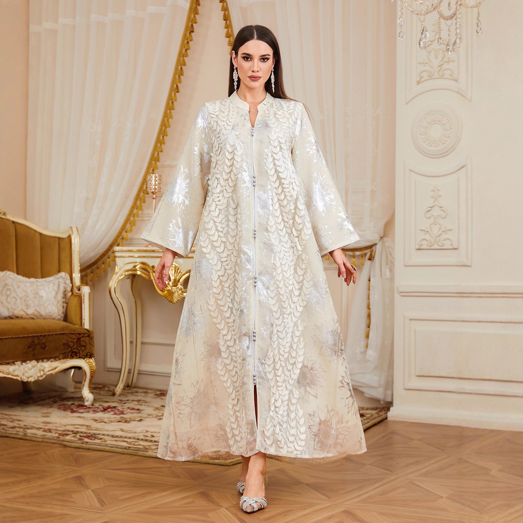 Luxury Embroidered Leaf Applique Mesh Gown Jalabiya Modest Long Maxi Evening Dress for Muslim Women Eid Ramadan S-XXL