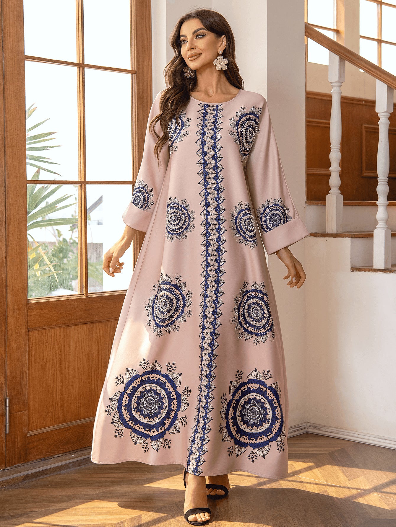 Pink Bohemian Beaded Abaya - Printed Round Neck Modest Long Robe