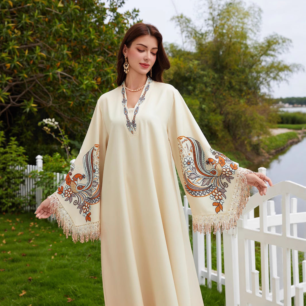 Captivating Light Yellow Kaftan – V-Neck Muslim Embroidered Maxi