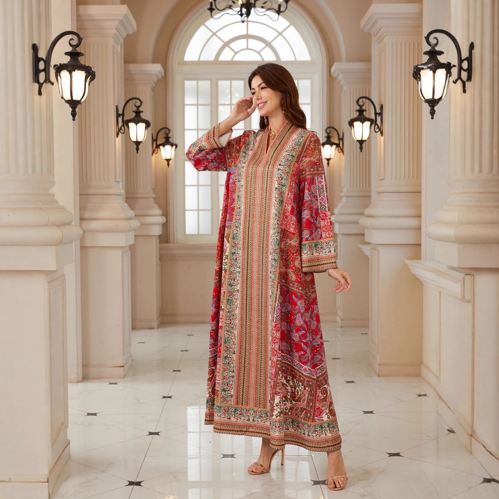 Graceful Red Boho Abaya – Printed Muslim Maxi Dress for Eid