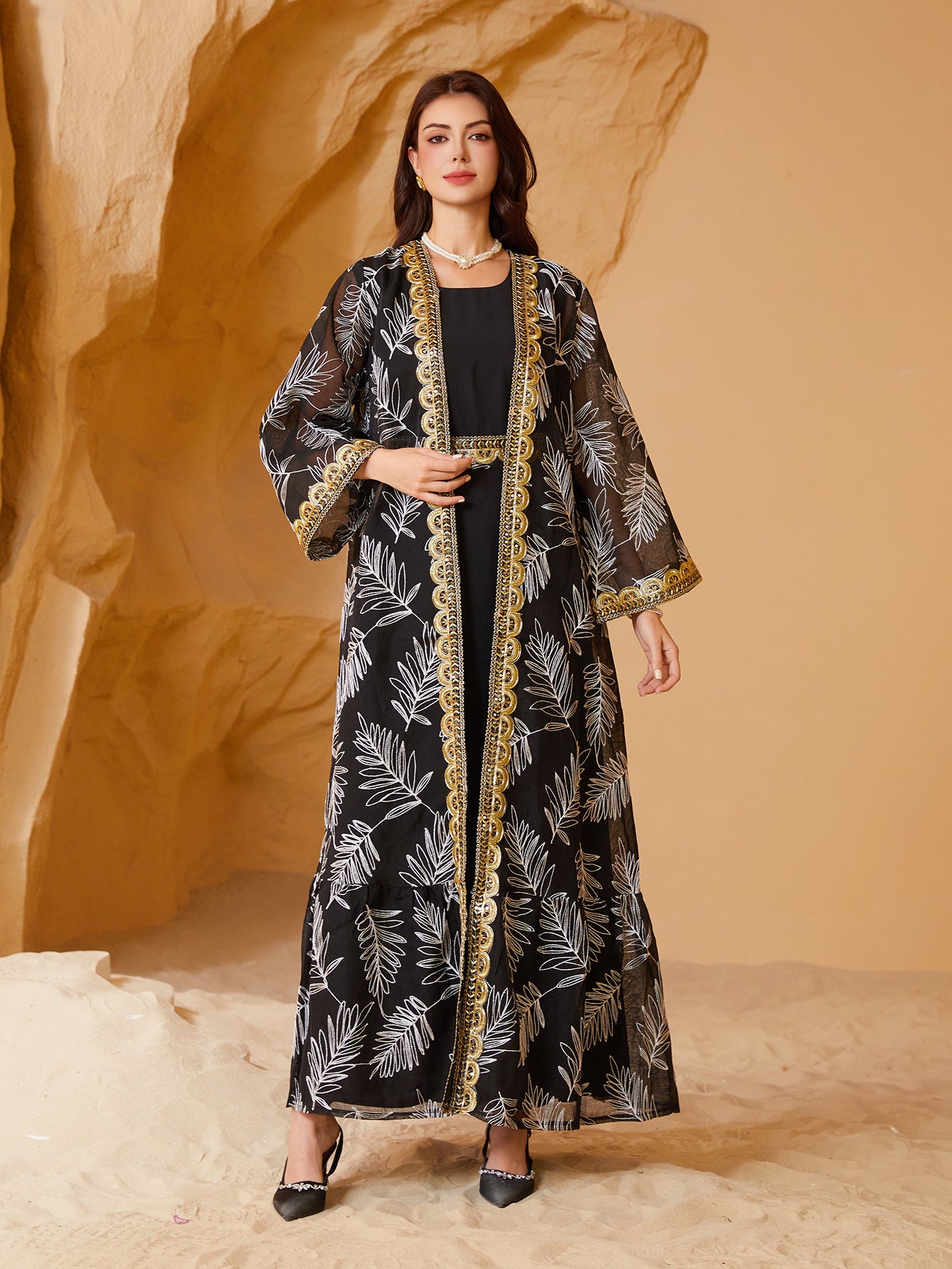 Women 2 Piece Black White Palm Leaf Print Sheer Chiffon Open Kimono Robe Luxury Gold Lace Border Embroidery Cuff Matching Belt Solid Black Inner Maxi Dress Gulf Layering Dubai Abaya Set For Eid Al Fitr Ramadan Nikkah Wedding Banquet