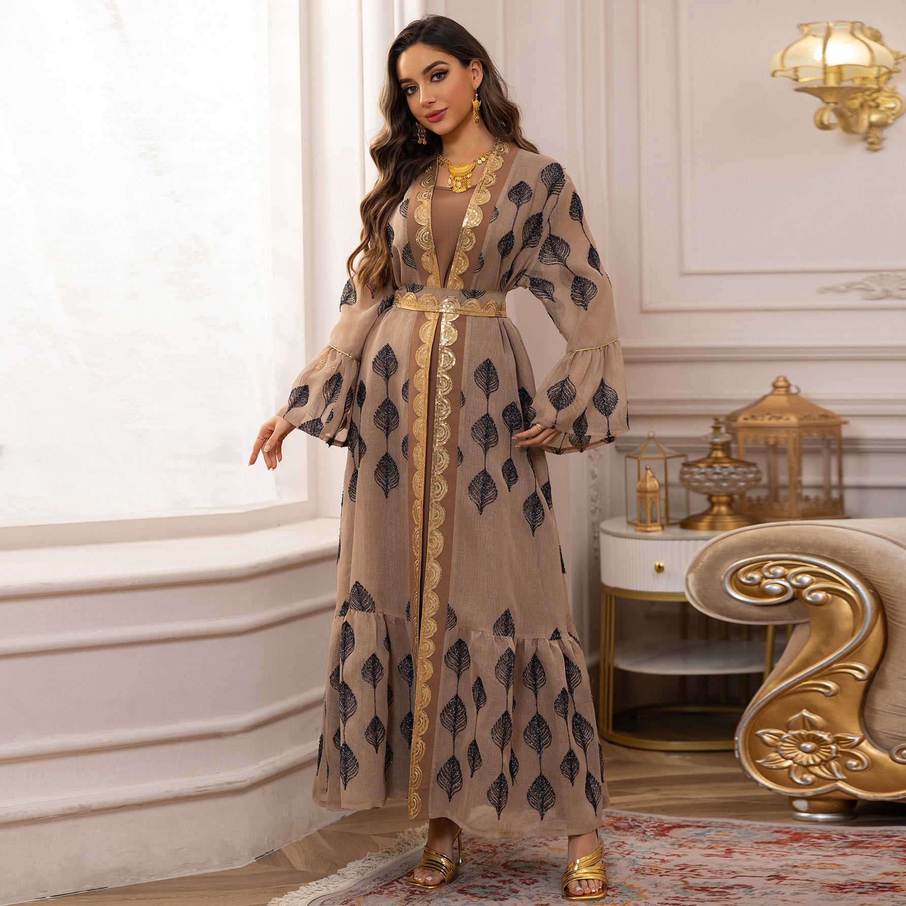 Khaki Embroidered Mesh Floral Pullover Maxi Dress Set with Vest