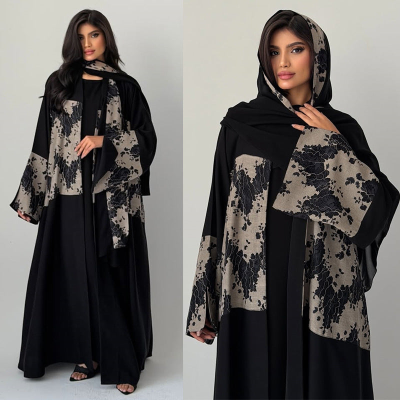 Black Lace Patchwork Open Outerwear Maxi Dress with Hijab Two-Piece Set