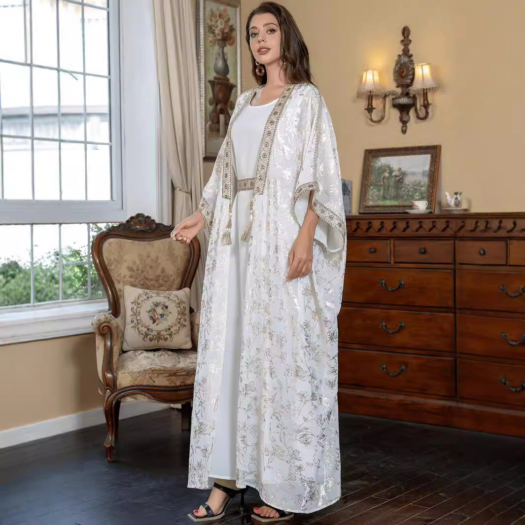 Ivory White Gold Foil Floral Premium Pan-Arab Craft Open Front Modest Two Piece Outfit Glossy Satin Jacquard Single Layer Outer Kaftan Solid White Slip Maxi Dress All Over Delicate Metallic Gold Silver Botanical Jacquard Print Wide Batwing Kimono Fla
