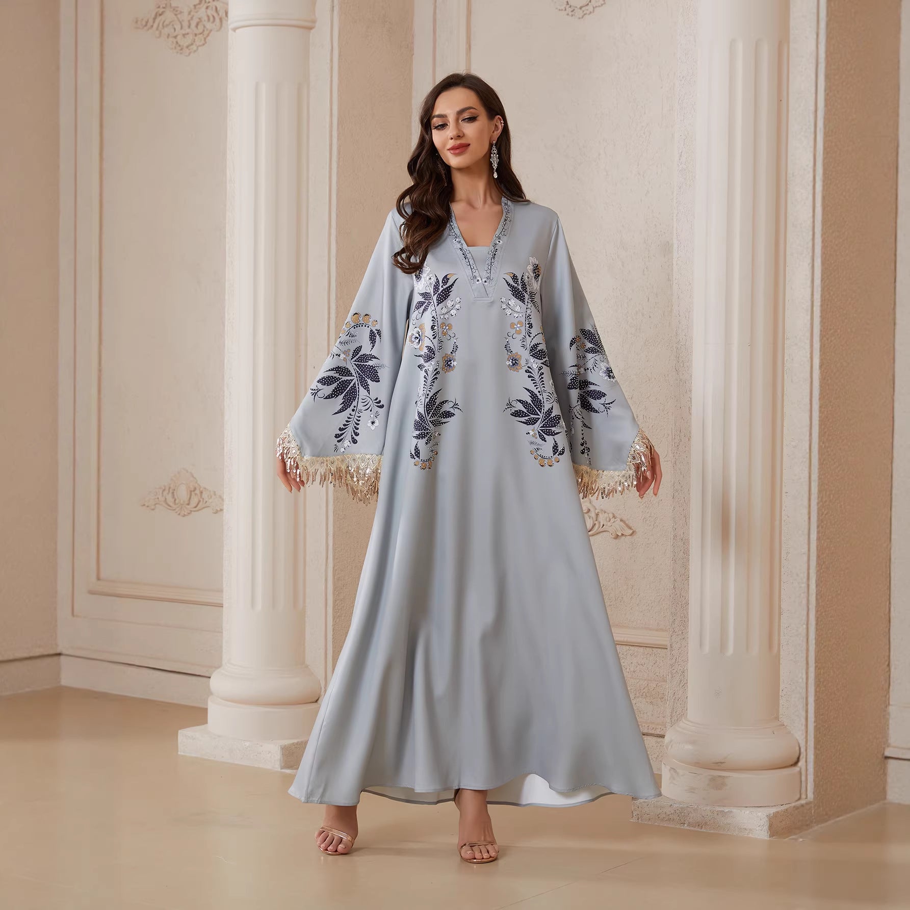 Serene Silver Printed Abaya – Casual Loose Modest Maxi Dress
