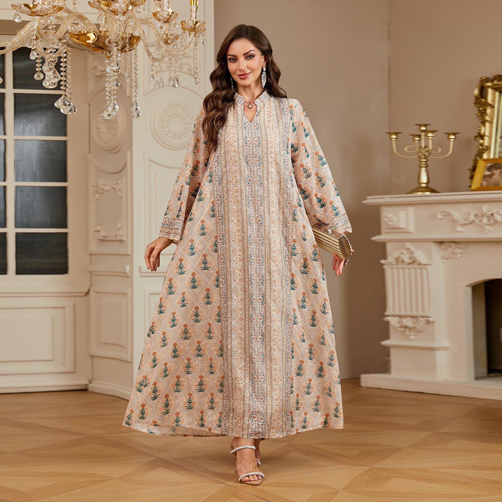 Women Stand Collar V Neck Floral Striped Abaya 3 Colors Vintage Botanical Print Loose Wide Sleeve Maxi Kaftan Lightweight Daily Modest Dress For Ramadan Casual Party