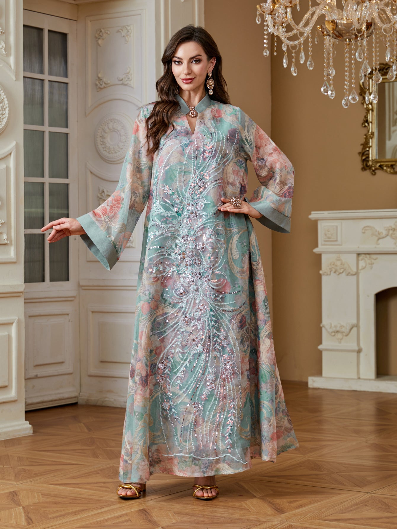 2026 Luxury Floral Print Abaya Women Hand Beaded Rhinestone Long Kaftan Stand Collar Flare Sleeve Loose Maxi Dress For Wedding Party