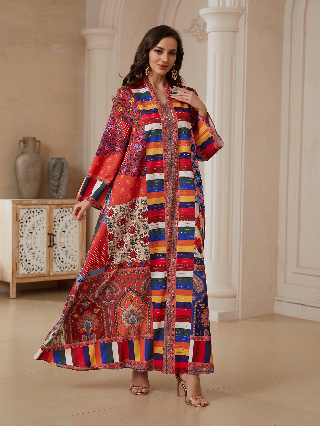 Red Printed Rhinestone Jalabiya - Ethnic Pullover Modest Dress