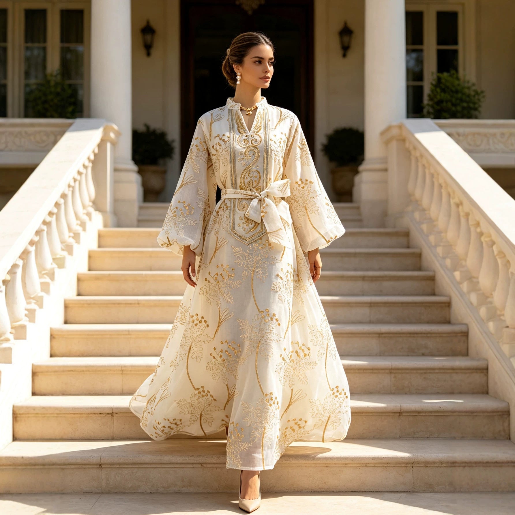 Luxury Gold Embroidered High Neck Abaya Dress Lantern Sleeve Belted Kaftan Modest Long Maxi Evening Gown Eid Ramadan S-XXL