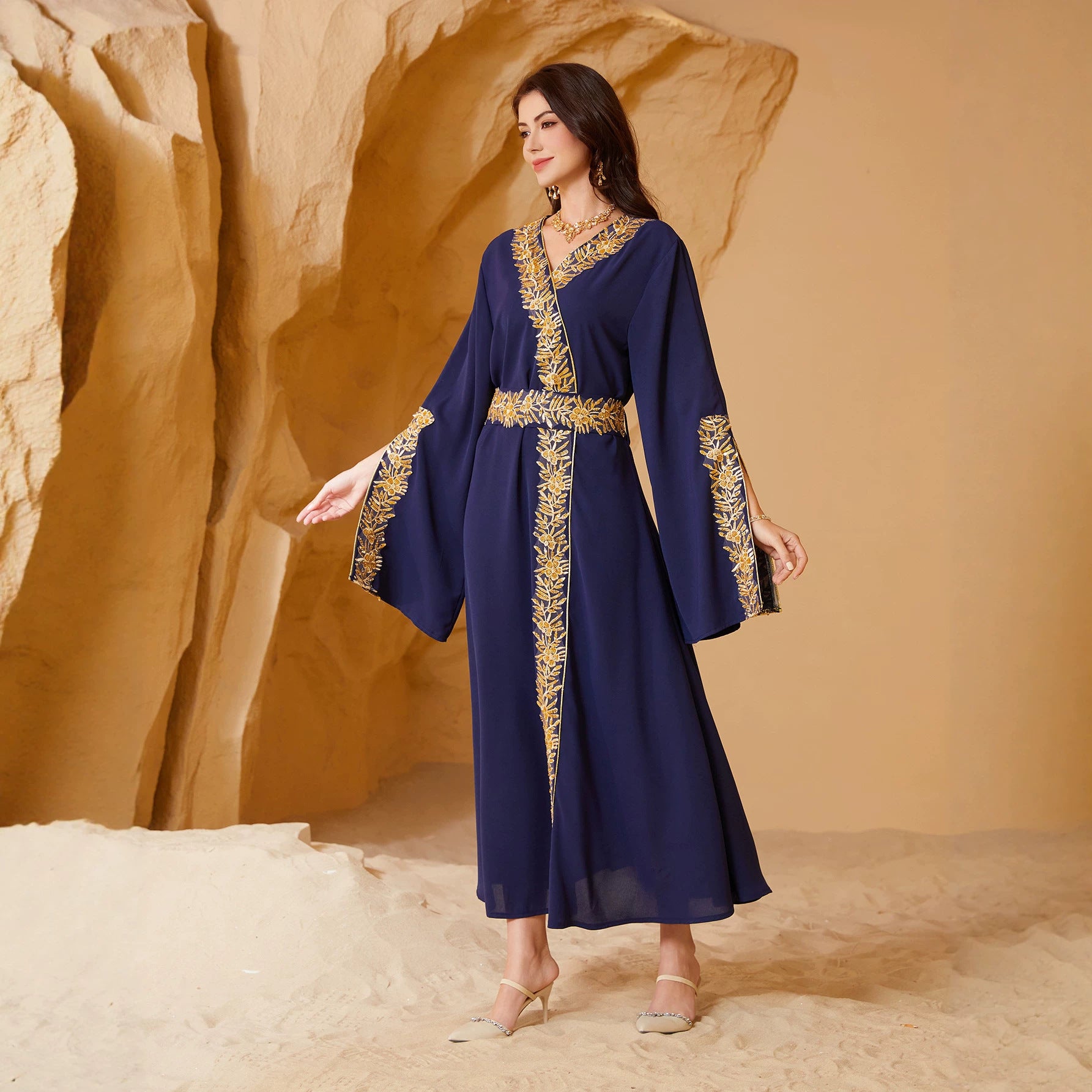 Smooth Crepe Wrap V Neck Continuous Hand Stitched Golden Foliage Border Embroidery Self-Fabric Cinch Belt Oversized Flared Bell Cuffs Floor-Sweeping A-Line Plus Inclusive Silhouette Qatari Omani Kuwaiti Ladies Modest Kaftan For Walima Wedding Gala If