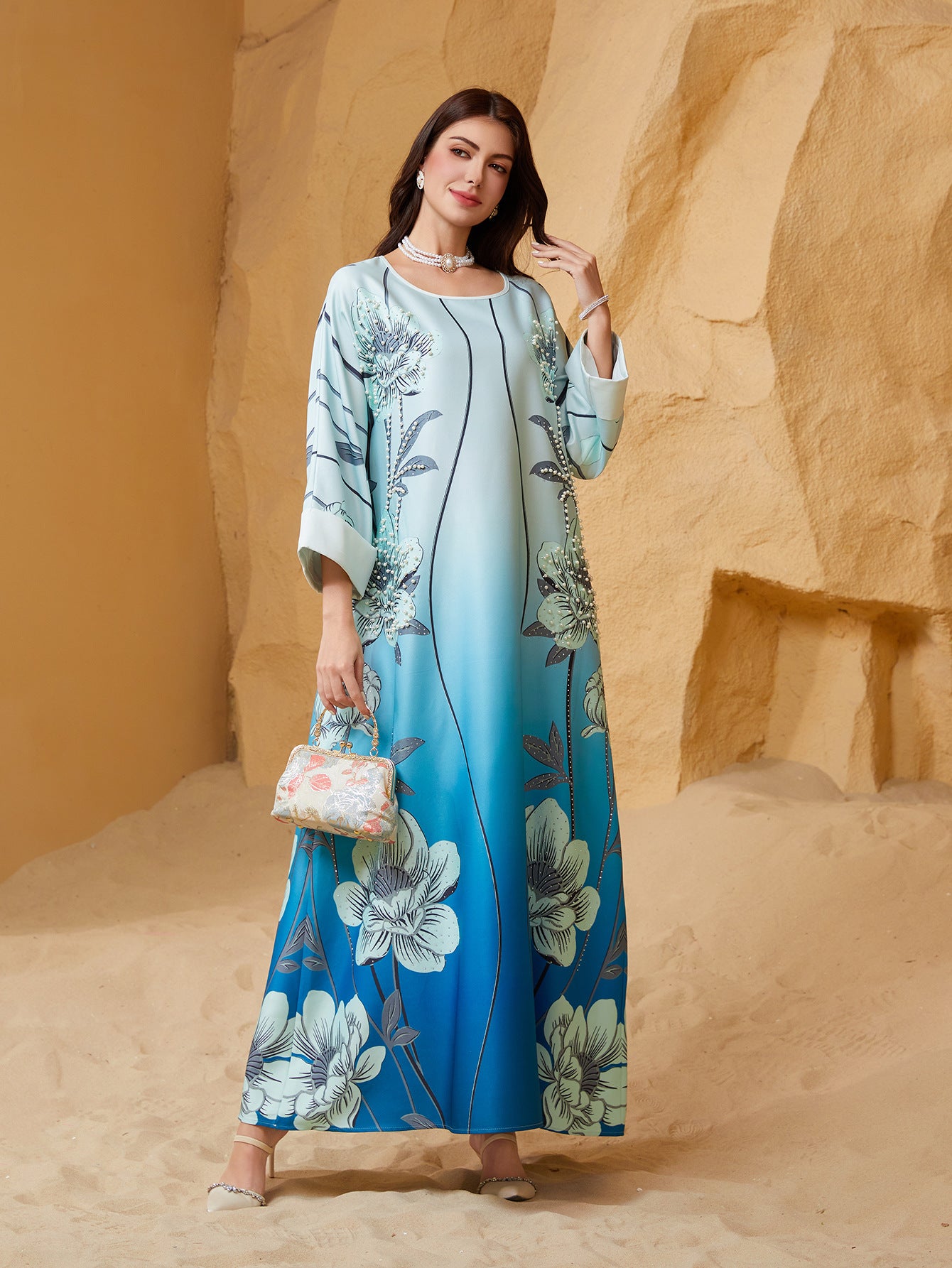 Sky Blue Rhinestone Beaded Round Neck Floral Maxi Dress