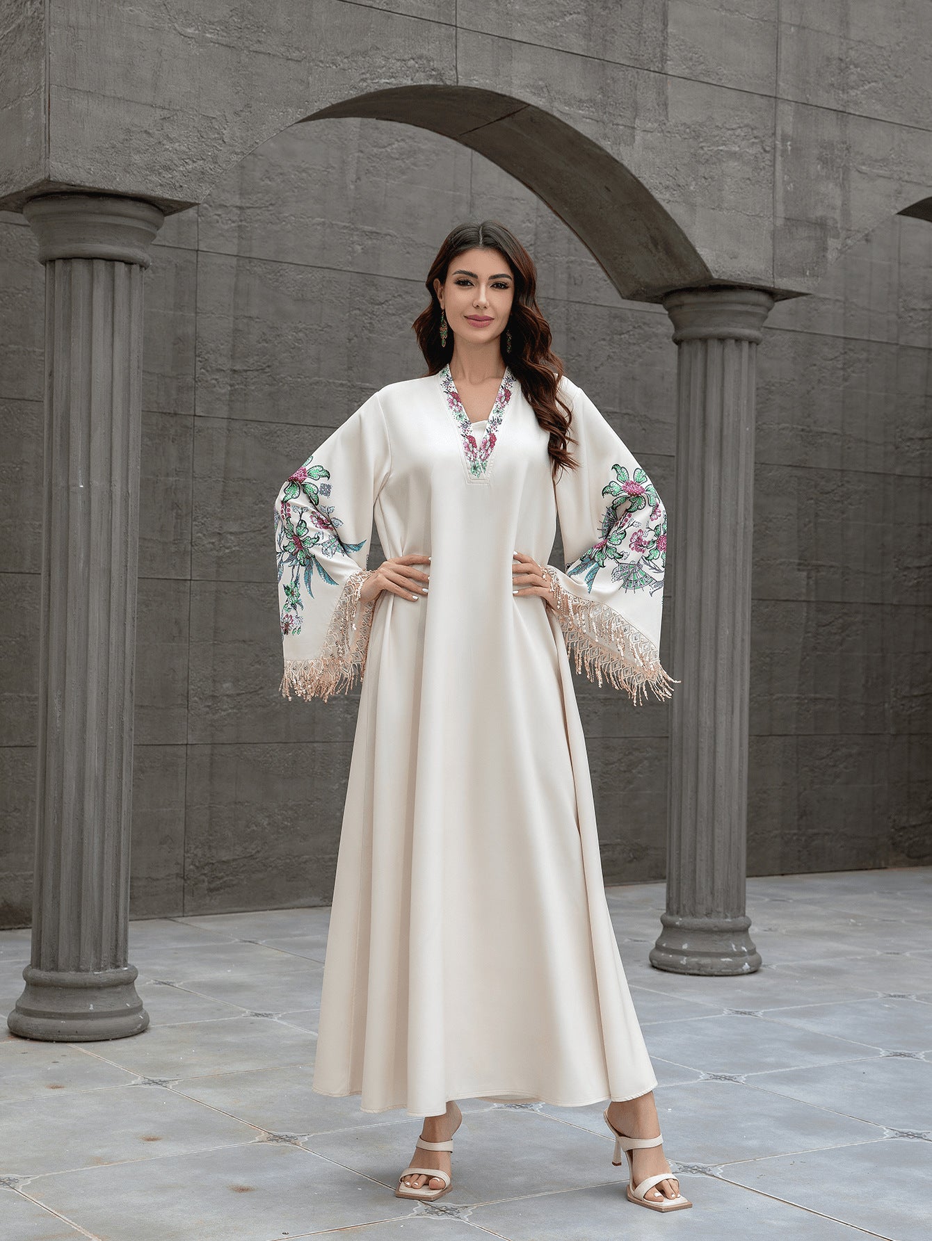 Graceful Apricot V-Neck Kaftan – Muslim Embroidered Long Dress