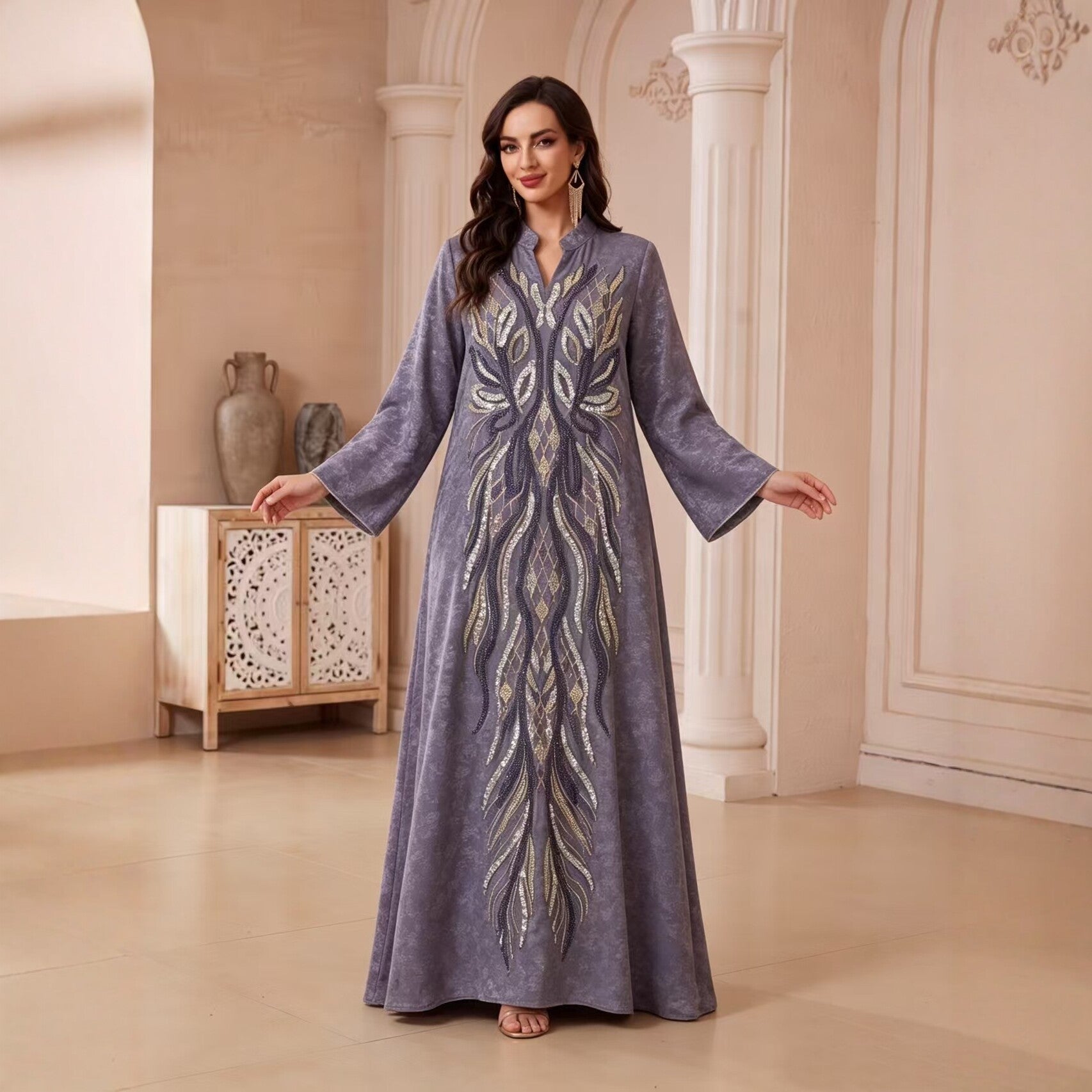 Multi-Color V-Neck Beaded Embroidered Jacquard Maxi Abaya Dress