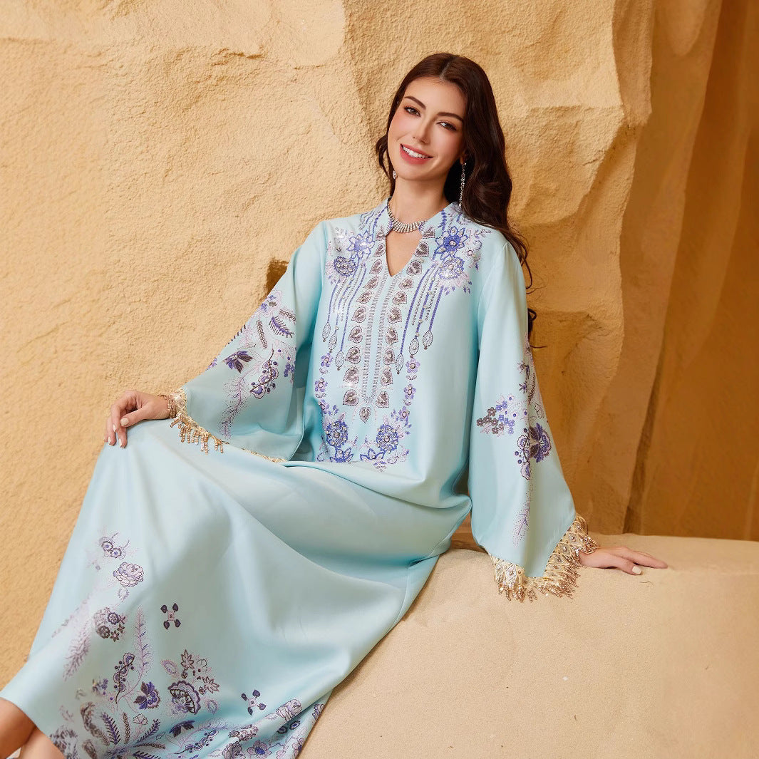 Serene Sky Blue Tassel Embroidered Maxi Abaya Modest Eid Ramadan