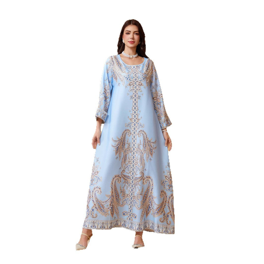 Light Blue and Yellow Rhinestone Beaded Round Neck Fitted Abaya Dress