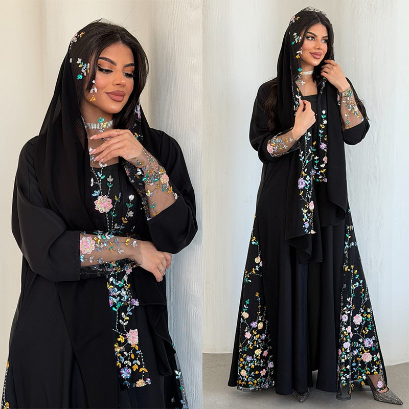 Black Floral Print Open Outerwear Long Maxi Abaya with Hijab Set