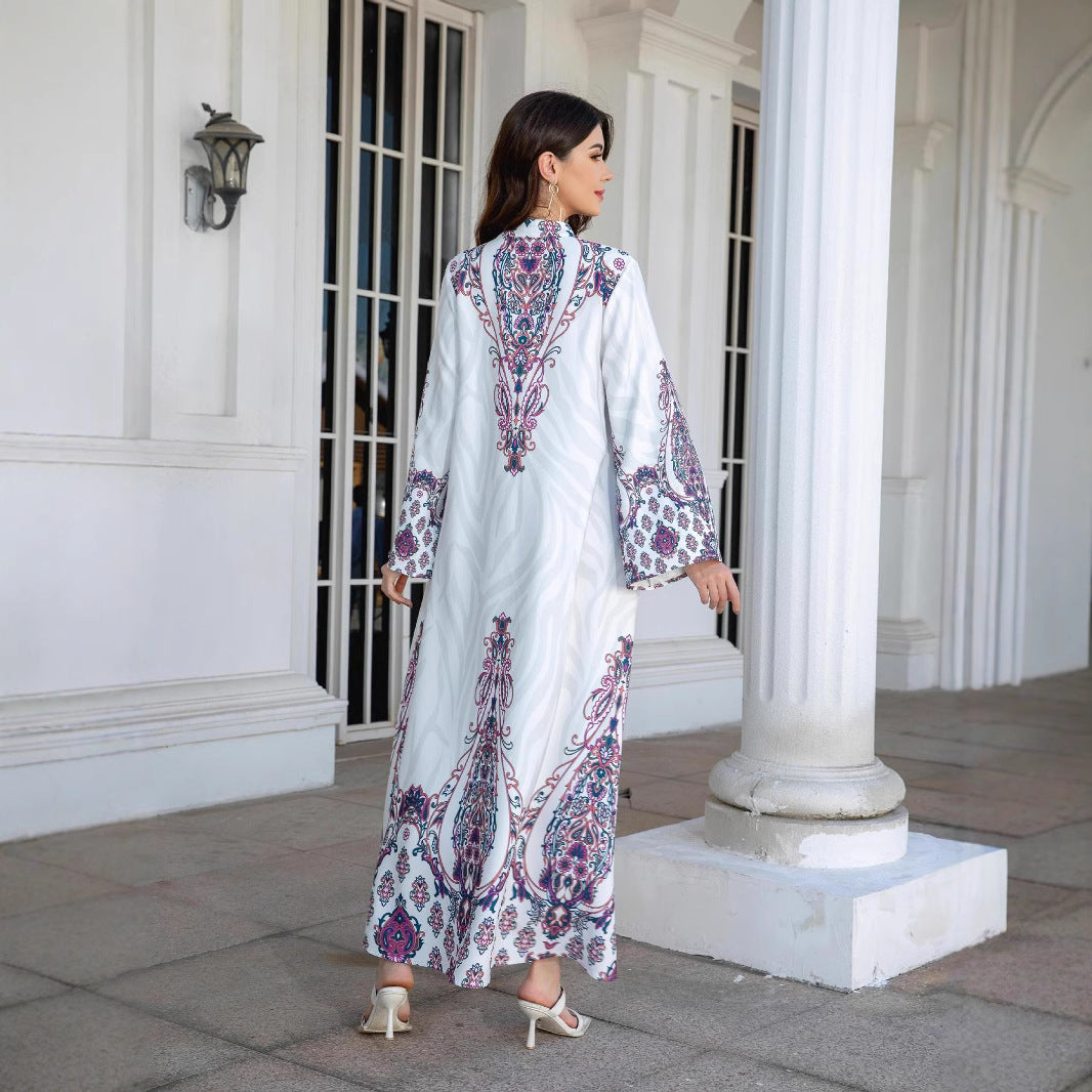 White Floral Print Mandarin Collar Rhinestone Plus Size Maxi Abaya