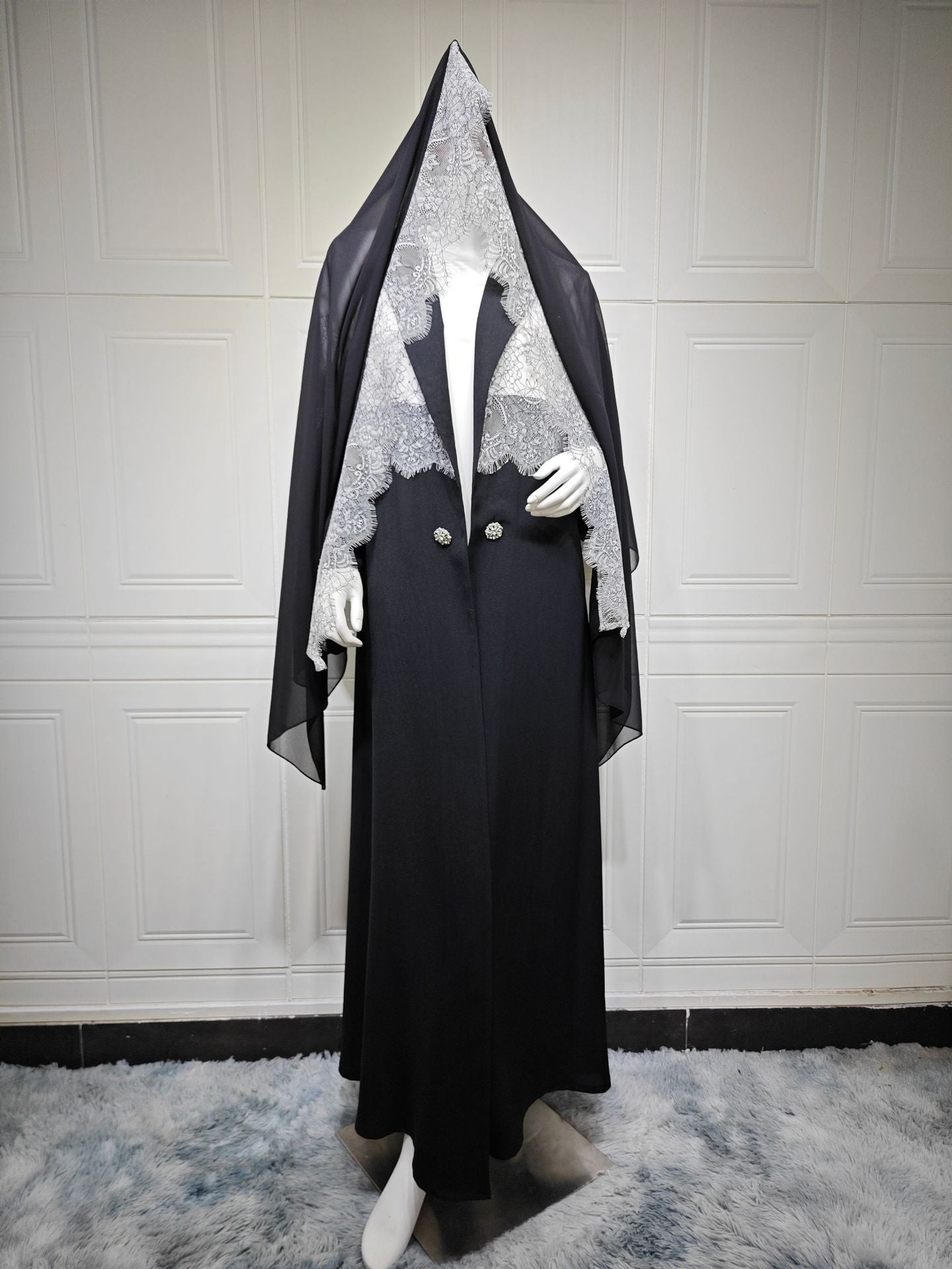 Black Lace Patchwork Long Open Abaya with Hijab Set