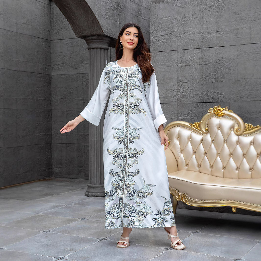 Light Grey Rhinestone Beaded Floral Maxi Abaya Dress