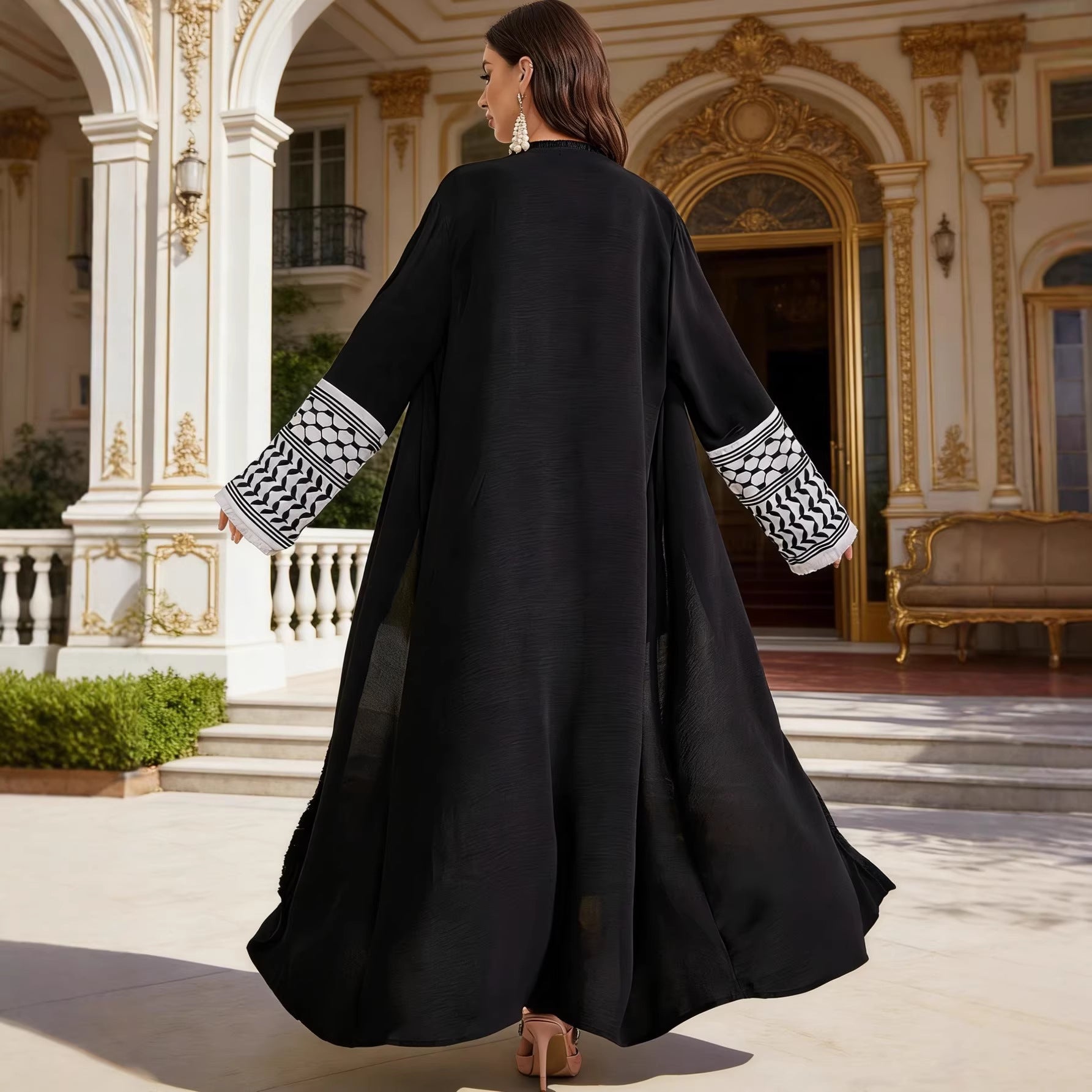 Elegant Embroidered Pocket Open-Front Cardigan Belted Abaya Maxi Dress Muslim Women Modest Long Jalabiya Kaftan for Eid