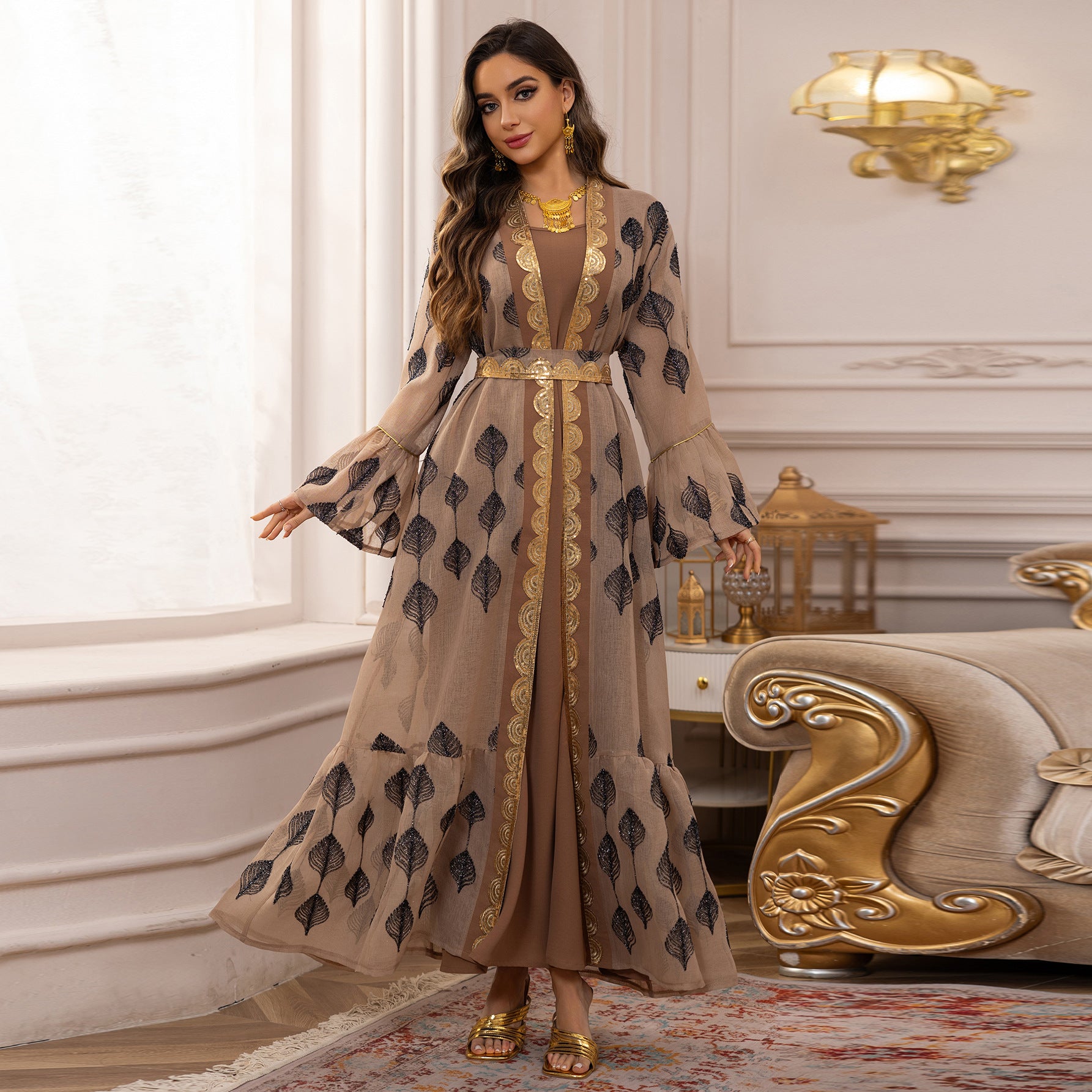 Khaki Embroidered Mesh Floral Pullover Maxi Dress Set with Vest
