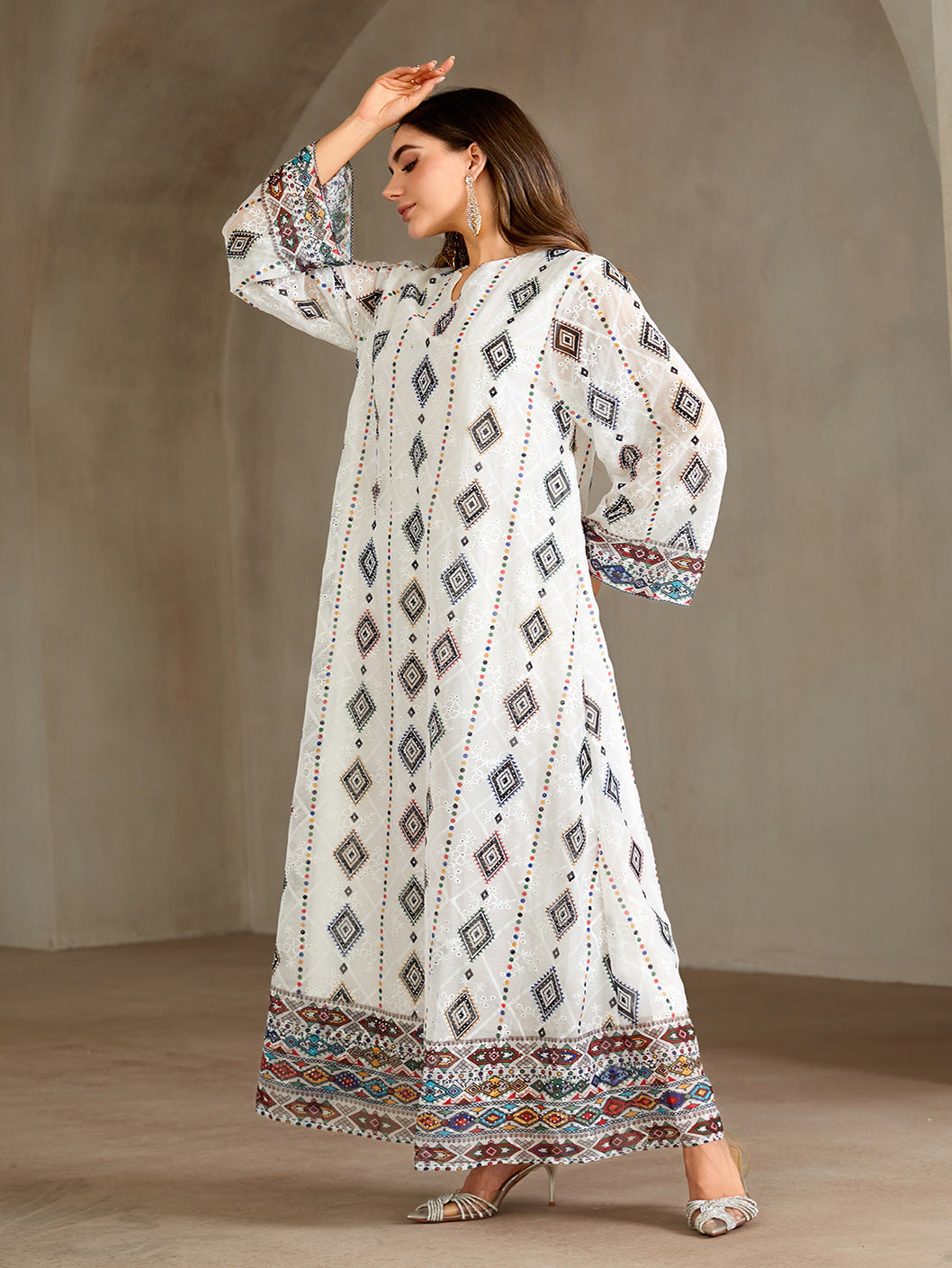 Embroidered Geometric Diamond Print V-Neck Gown Jalabiya Modest Loose Maxi Dress for Muslim Women Eid Ramadan S-XXL